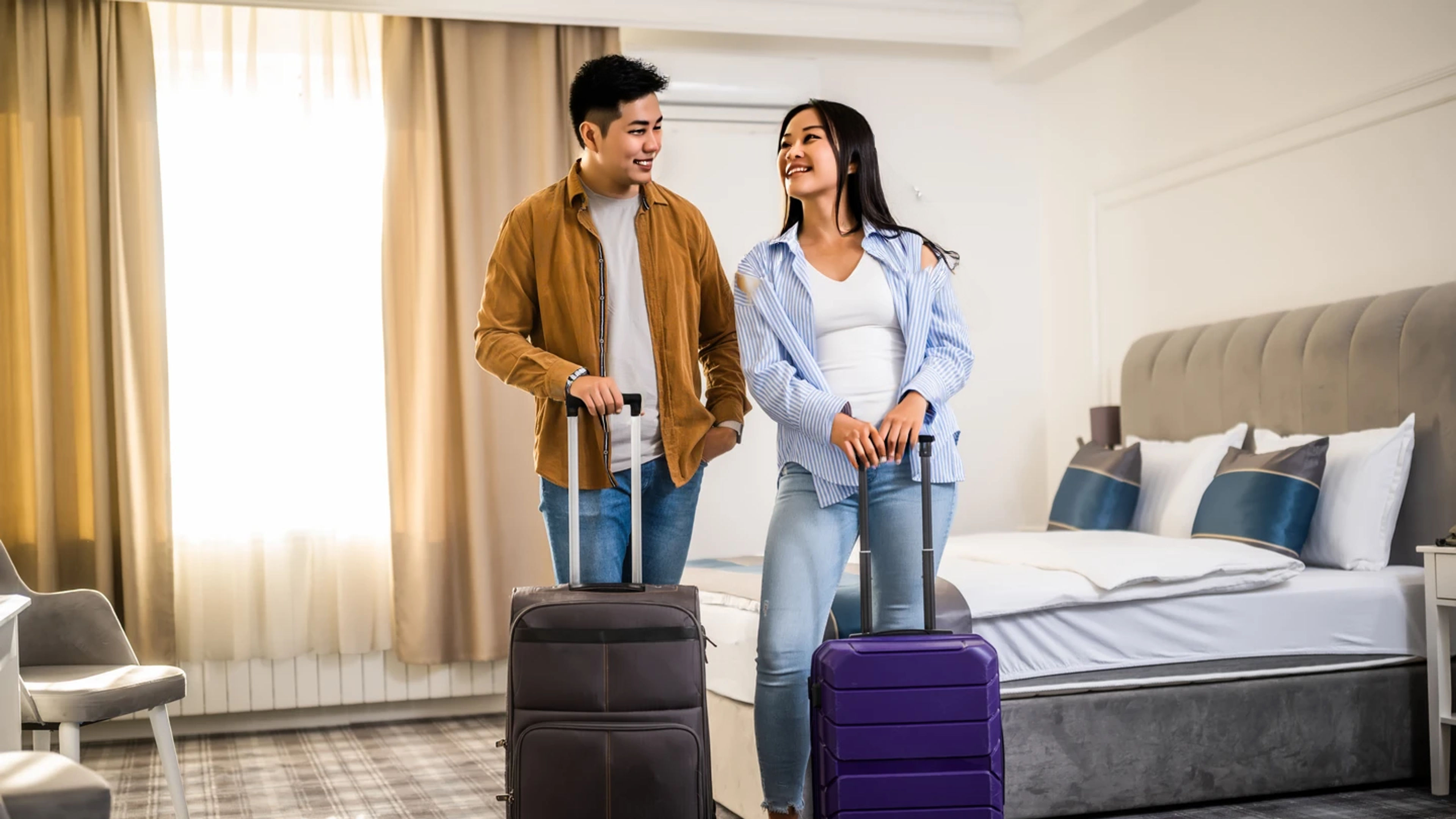 Young happy tourist couple arrived on hotel room for vacation. 