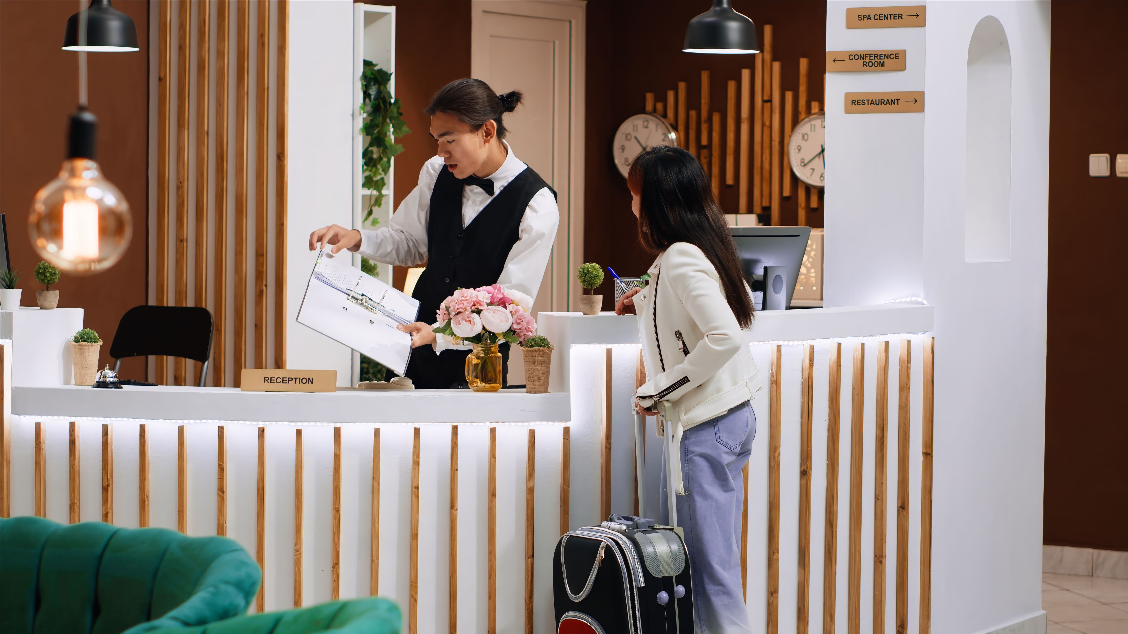 Asian hotel guest asking receptionist about amenities