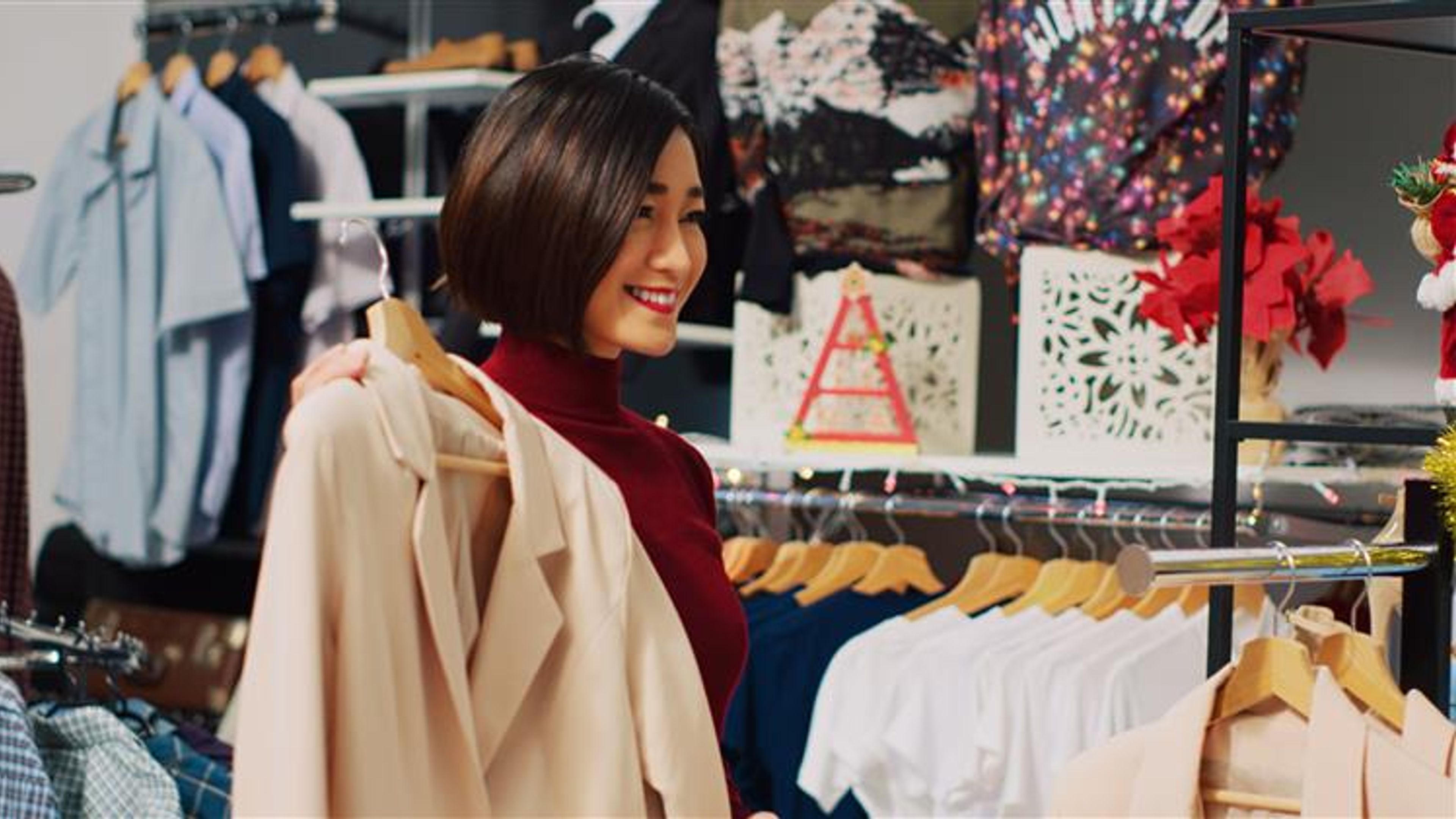 Woman browsing through elegant blazers on racks in christmas decorated shopping store